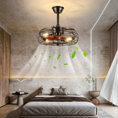 Bedroom with Dope Farmhouse Style Ceiling Fan With Light And Remote Control Enclosed Caged 8 Blade Ceiling Fan With LED Bulbs