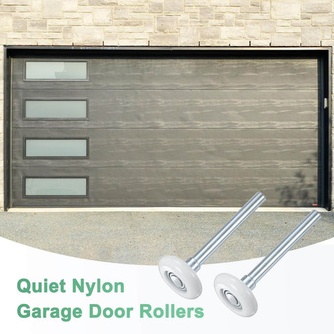 6 Pack Nylon Garage Door Rollers Replacement Kit Beefed Up Quiet 1.8 Inch Wheels With 4.3 Inch Stems shown in front of garage door