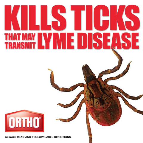 Image of a tick with text highlighting its ability to transmit Lyme disease, promoting Ready To Spray Outdoor Insect Killer With Hose End Sprayer.