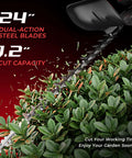 Beefy Gas Powered Hedge Trimmer With 24 Inch Dual Sided Serrated Blades, 36Cc Two Stroke Engine Delivers Big Torque For Thick Branches Up To 2 Inches, No Cord Pruning For Dense Shrubs And Pro Grade Gardens illustrated with 24-inch dual-action blade cutting shrubs