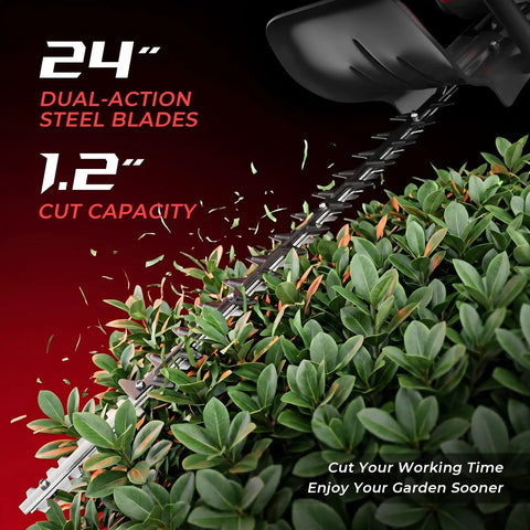 Beefy Gas Powered Hedge Trimmer With 24 Inch Dual Sided Serrated Blades, 36Cc Two Stroke Engine Delivers Big Torque For Thick Branches Up To 2 Inches, No Cord Pruning For Dense Shrubs And Pro Grade Gardens illustrated with 24-inch dual-action blade cutting shrubs