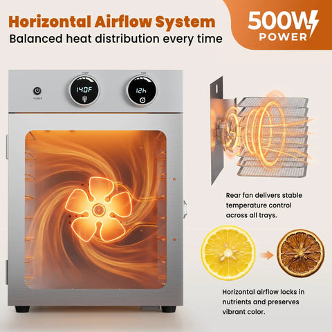Slick Eight Tier Food Dehydrator Making Tough Jerky Dried Fruit Fresh Herbs And Custom Dog Bites 500W with visible fan and trays.