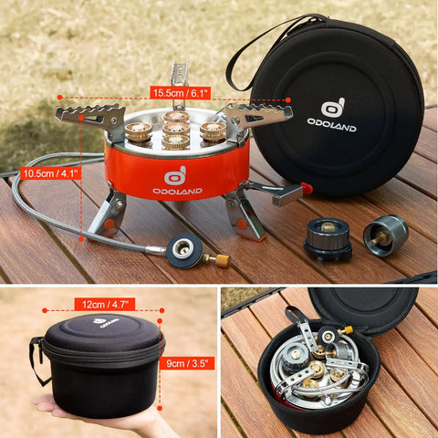 9000W Portable Camping Stove with Windproof Design, ultra lightweight, collapsible, with EVA carry box on wooden table