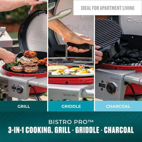 3-In-1 Dual Fuel Outdoor Grill And Griddle With Electric And Charcoal Modes Pro Bistro Style Cooker, grill, griddle, and charcoal modes