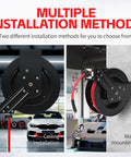 50 Foot Auto Rewind Retractable Air Hose Reel With Three Eighths Inch Rubber Hose 250 PSI Heavy Duty Steel Spring installed on wall and ceiling in garage.