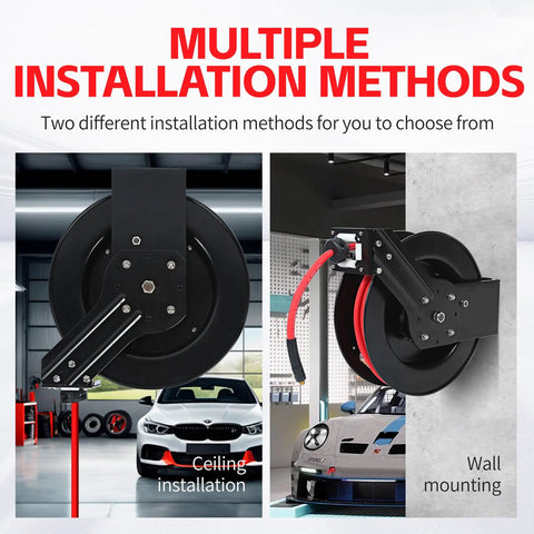 50 Foot Auto Rewind Retractable Air Hose Reel With Three Eighths Inch Rubber Hose 250 PSI Heavy Duty Steel Spring installed on wall and ceiling in garage.