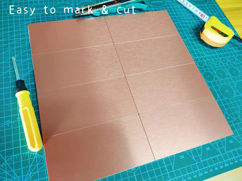 Copper Aluminum Peel And Stick Backsplash Tiles 3x6 Inches Brushed Copper Finish 80 Pack Self Adhesive Kitchen Wall Decor on cutting mat
