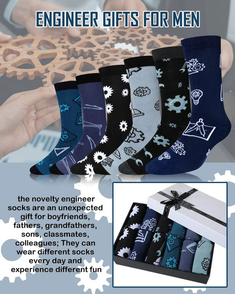 Six Pairs Mens Novelty Engineering Socks Set With Compasses Protractors Gears And Wrenches Cotton Crew Dress Socks Funny Gift For Engineer Dad Grandpa Birthday Fathers Day