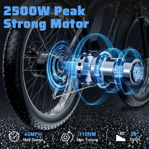 Close-up of Electric Fat Tire Ebike For Adults With 45 MPH Peak Speed 52V 25Ah 2500W Peak Power motor illustration