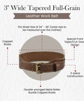 3 Inch Wide Tapered Full Grain Leather Work Belt For Men, Built Tough With Heavy Duty Stitching In Dark Tan, Rugged Design