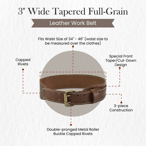 3 Inch Wide Tapered Full Grain Leather Work Belt For Men, Built Tough With Heavy Duty Stitching In Dark Tan, Rugged Design