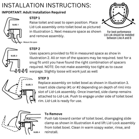 Installation steps for Lid Lok Toilet Seat Safety Latch, showing guide for tool-free setup on standard toilet.