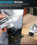 Handheld Abizarch Mini Pneumatic Chamfering Machine 30K RPM Air Beveler adjusting chamfer size on wood surface.