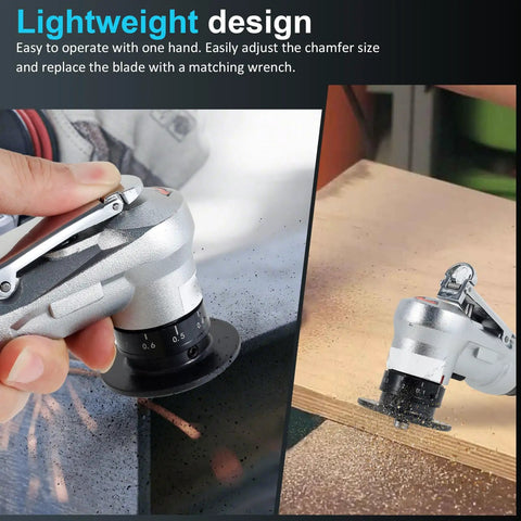 Handheld Abizarch Mini Pneumatic Chamfering Machine 30K RPM Air Beveler adjusting chamfer size on wood surface.