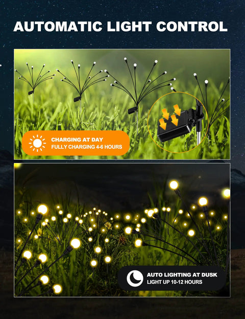 10 LED Starburst Solar Firefly Lights For Outdoors With Swaying Motion, automatic charging and lighting in garden setting.