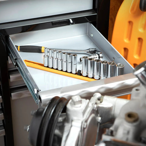 14 Piece Three Eighth Inch Drive Six Point Deep Metric Socket Set With Chamfered Openings in a drawer with tool visible