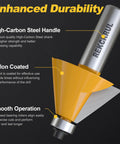 Six Piece Chamfer Router Bit Set With Precision Ball Bearing And Half Inch Shank Heavy Duty Carbide Heads Anti Kickback Design For No Sweat Mounting And Razor Sharp Profiles On Hardwood Cabinet Work close-up view showing high-carbon steel handle and Teflon coating.