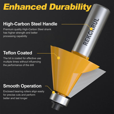 Six Piece Chamfer Router Bit Set With Precision Ball Bearing And Half Inch Shank Heavy Duty Carbide Heads Anti Kickback Design For No Sweat Mounting And Razor Sharp Profiles On Hardwood Cabinet Work close-up view showing high-carbon steel handle and Teflon coating.