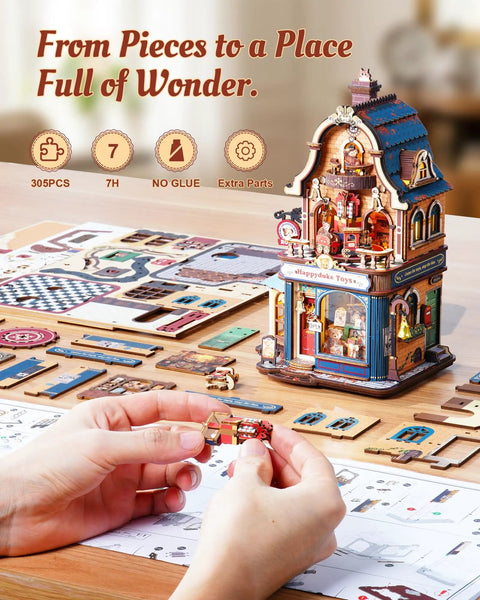 Build Your Own Bear Toy Store Miniature House Kit With 3D Wooden Puzzles And Moving Mechanics, DIY Dollhouse Studio For Grownups Featuring A Toy Train Circle And A Swaying Teddy Bear Conductor On Cozy Display Shelves, 305 pcs