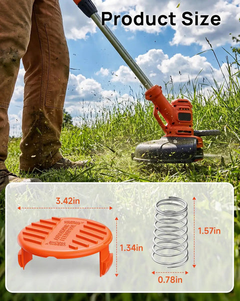 Universal Replacement Spool Cap 4 Pack RC100P for Weed Eater and String Trimmer Parts shown with dimensions and usage