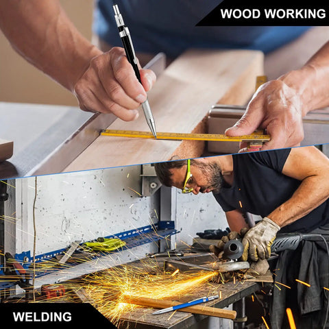 Two Pack Welders Pencil Kit With Forty Eight 2.0 Mm Round Refills, Welding and Woodworking in Action, Silver and Black.