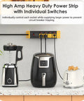Heavy Duty Power Strip Surge Protector With Two Pack Individual Switches 20 Amp 12 Gauge 4 Ft Extension Cord Four Outlets Wall Mount Industrial Grade For Garage And Shop Yellow, mounted above kitchen counter with appliances.