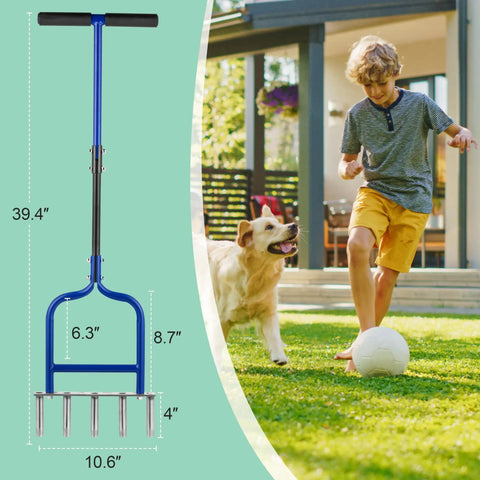 5 Stainless Steel Corer Lawn Aerator With Soft Rubber Grip next to boy and dog playing on grass with soccer ball