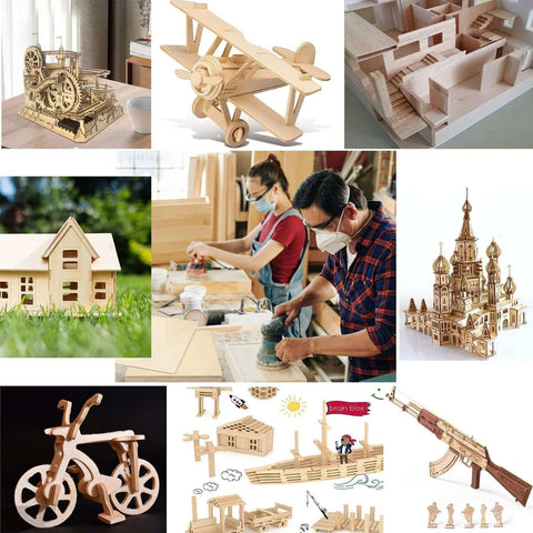 5-pack basswood sheets 12x12x1/8 for crafts; unfinished wood boards with various wooden models and tools