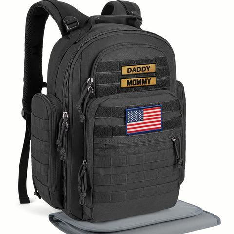 Military Style Dad Diaper Backpack With Changing Pad For Travel And Camping Trips Large Black Baby Bag, U.S. flag, rugged design