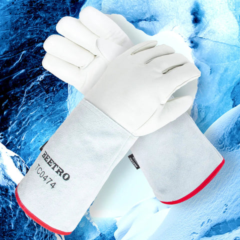 Heavy Duty Insulated Gloves For Dry Ice And Liquid Nitrogen Handling, 14 Inch, Three-Layer Coldproof Leather on icy background