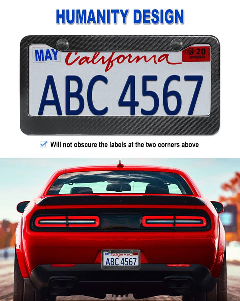 Real Carbon Fiber License Plate Frame With Stainless Steel Core on car with visible anti-theft screw caps, rear view