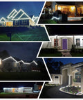 Collage of homes illuminated with 100ft Outdoor Rope Lights Waterproof String Lighting For Indoor And Outdoor Decor.