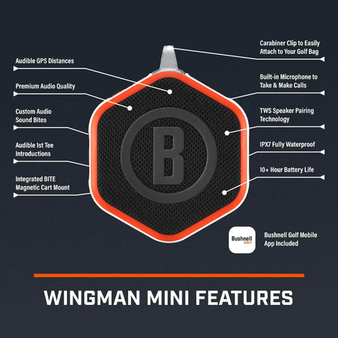 Features of Wingman Mini GPS Speaker With Audible Distances, Ultra Portable Bluetooth Golf Speaker, Waterproof IPX7, Orange