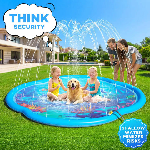 Sea World 75 Inch Splash Pad Sprinkler For Kids And Dogs Thickened Outdoor Water Toy Play Mat with children and dog playing