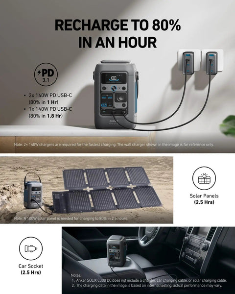 C300 DC Portable Power Station 288Wh LiFePO4 Battery 300W Solar Generator with charging setup with solar panels