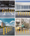 Beefy Yellow Bolt Down Safety Bollard Post 36 Inch Steel Barrier with 4 Free Anchor Bolts in various outdoor settings
