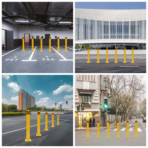 Beefy Yellow Bolt Down Safety Bollard Post 36 Inch Steel Barrier with 4 Free Anchor Bolts in various outdoor settings