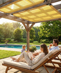 90 Percent Shade Cloth 9x30ft UV Block Outdoor Go To Patio Shade Cover over pergola, family relaxing on deck chairs by the pool.