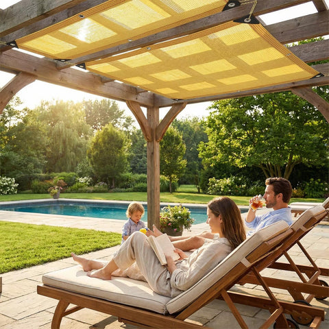 90 Percent Shade Cloth 9x30ft UV Block Outdoor Go To Patio Shade Cover over pergola, family relaxing on deck chairs by the pool.