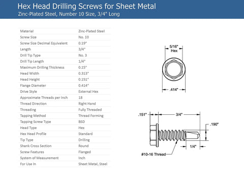 Diagram of Three Quarters Inch Hex Washer Head Self Drilling Tek Screw Zinc Plated Steel For Attaching Sheet Metal To Steel Or Metal To Metal