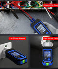 Dead Nuts Accurate Circuit Breaker Finder With Bright Lcd Display And Pro Grade GfcI Outlet Tester connected to alligator clips and adapters.