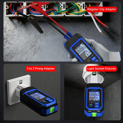 Dead Nuts Accurate Circuit Breaker Finder With Bright Lcd Display And Pro Grade GfcI Outlet Tester connected to alligator clips and adapters.