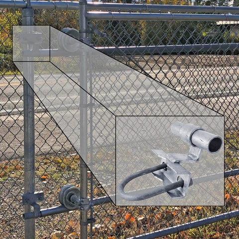 Rolling Gate Track Bracket For One Five Eighths Inch Fence Posts And One Five Eighths Inch Track Rail installed on gate