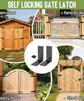 Self locking gate latch images include barn, fence, heavy and shed doors with black hinge hardware for various installations.