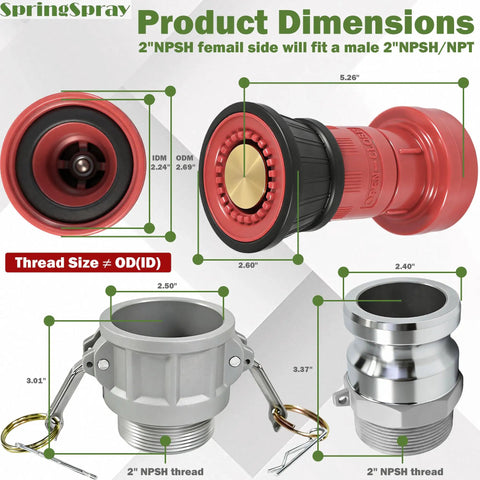 Built Tough 2-Inch NPSH Fire Hose Nozzle With Aluminum Camlock Fittings showing dimensions and fitting details