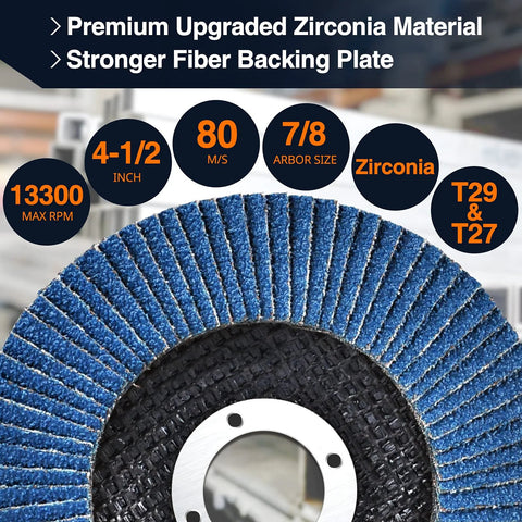 Front view of 4-1/2-inch flap disc with 7/8-inch arbor, zirconia abrasive on blue grinding surface