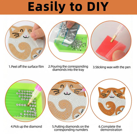 Step-by-step guide for Six Cat Diamond Painting Coaster Kit Set With Double Tools For Adults And Kids DIY Diamond Art Crafts