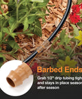 Copadri 25-piece drip irrigation couplings with beige 1/2-inch barbed ends on black tubing.