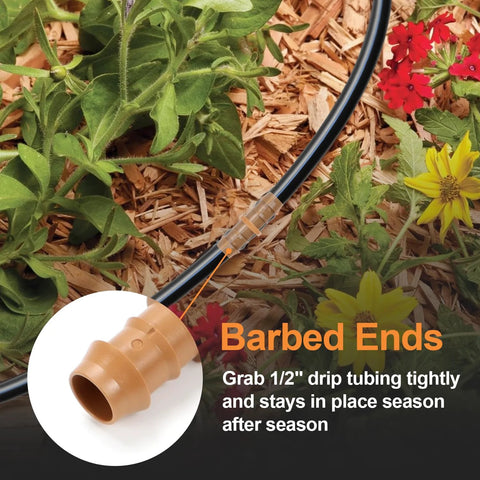 Copadri 25-piece drip irrigation couplings with beige 1/2-inch barbed ends on black tubing.