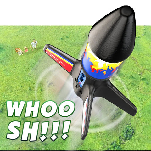 Electric Flying Model Rocket Kit For Kids With Launcher And Parachute Recovery System, USB Charging Cable Included, black foam rocket in flight